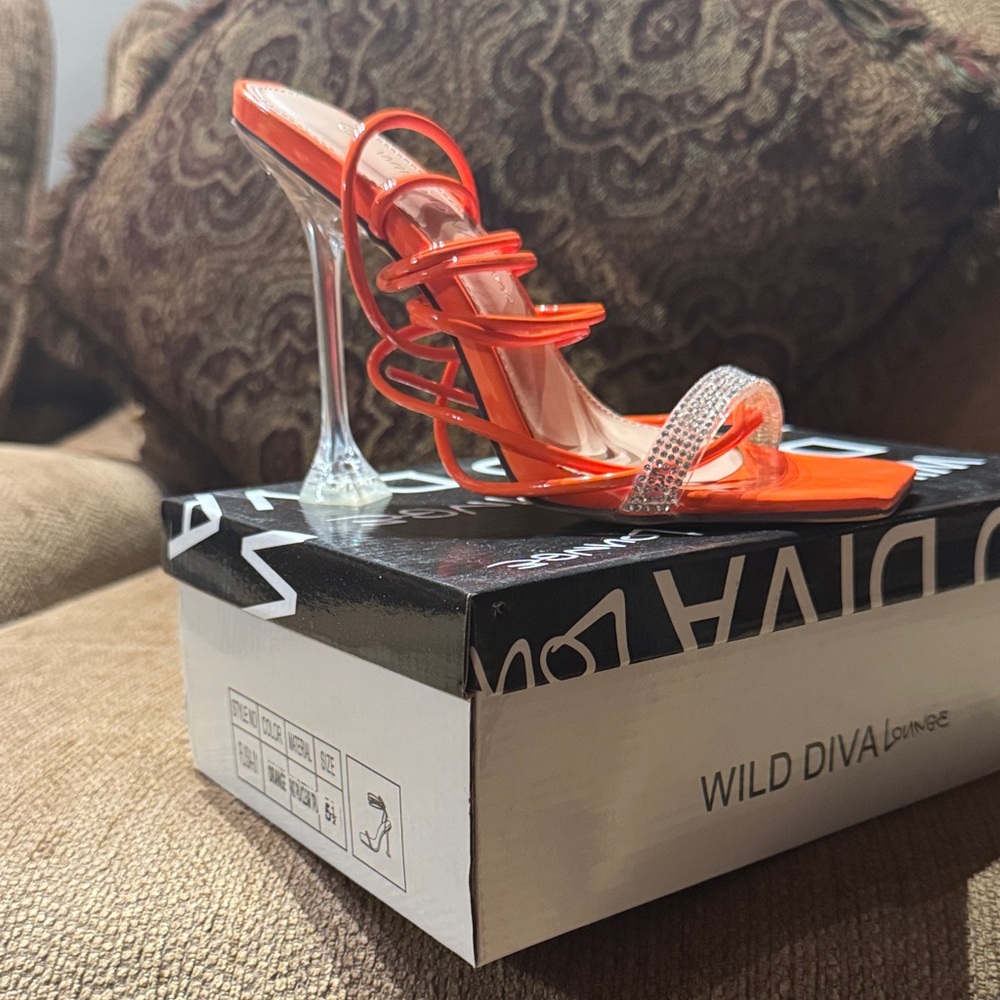 Wild Diva Orange and Clear Strappy Heels